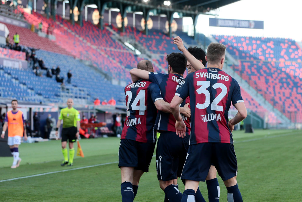 Bologna players celebrate a goal