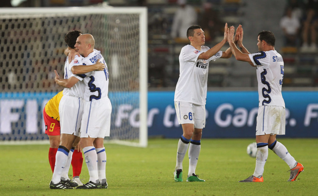 Inter players, including Esteban Cambiasso and Dejan Stankovic, in the 2010 Biscione away kit