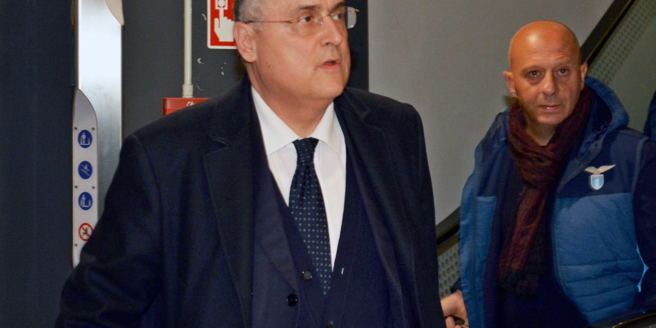epa08087717 SS Lazio owner and president Claudio Lotito arrives at Fiumicino airport, near Rome, Italy, 23 December 2019, as the team arrived back home after winning the Supercoppa Italiana 2109 against Juventus, which was played in Riyadh, Saudi Arabia. Lazio won 3-1. EPA-EFE/TELENEWS