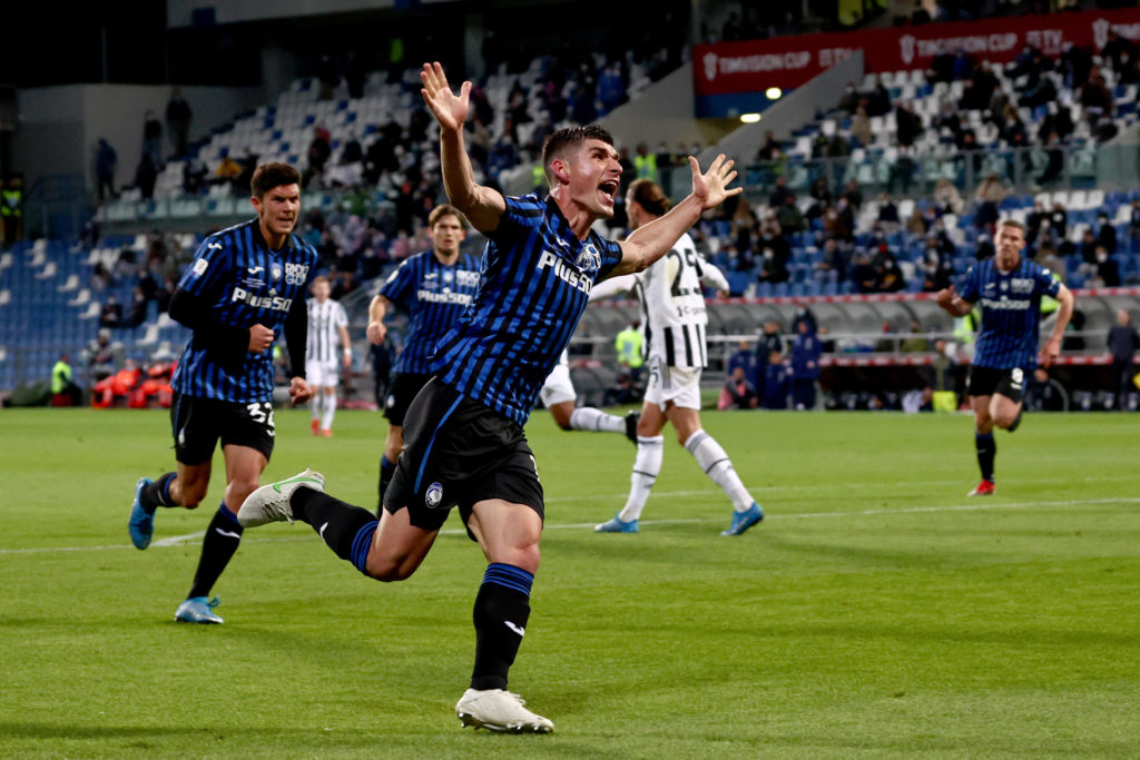 Ruslan Malinovskiy celebrates scoring for Atalanta against Juventus in the Coppa Italia Final