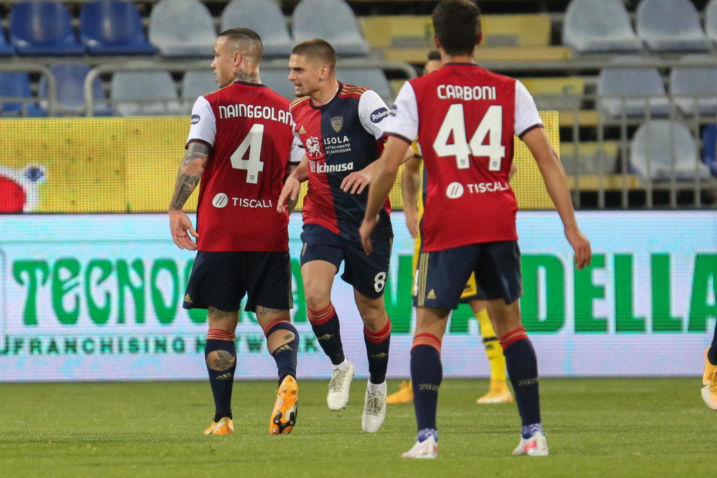 Razvan Marin celebrates a goal for Cagliari against Parma