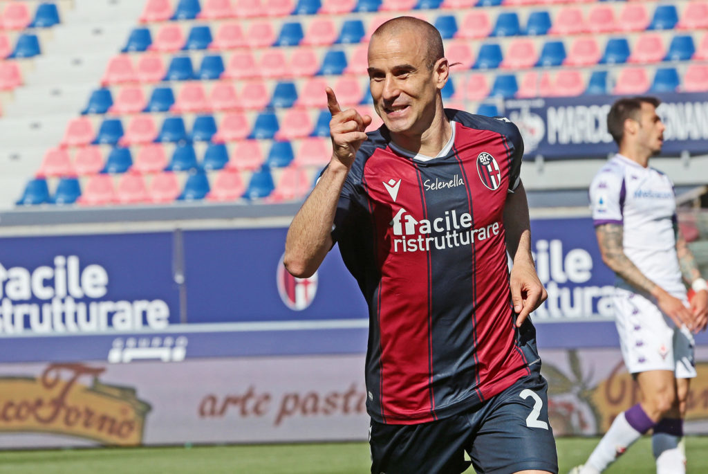 Bologna's Rodrigo Palacio celebrates against Fiorentina