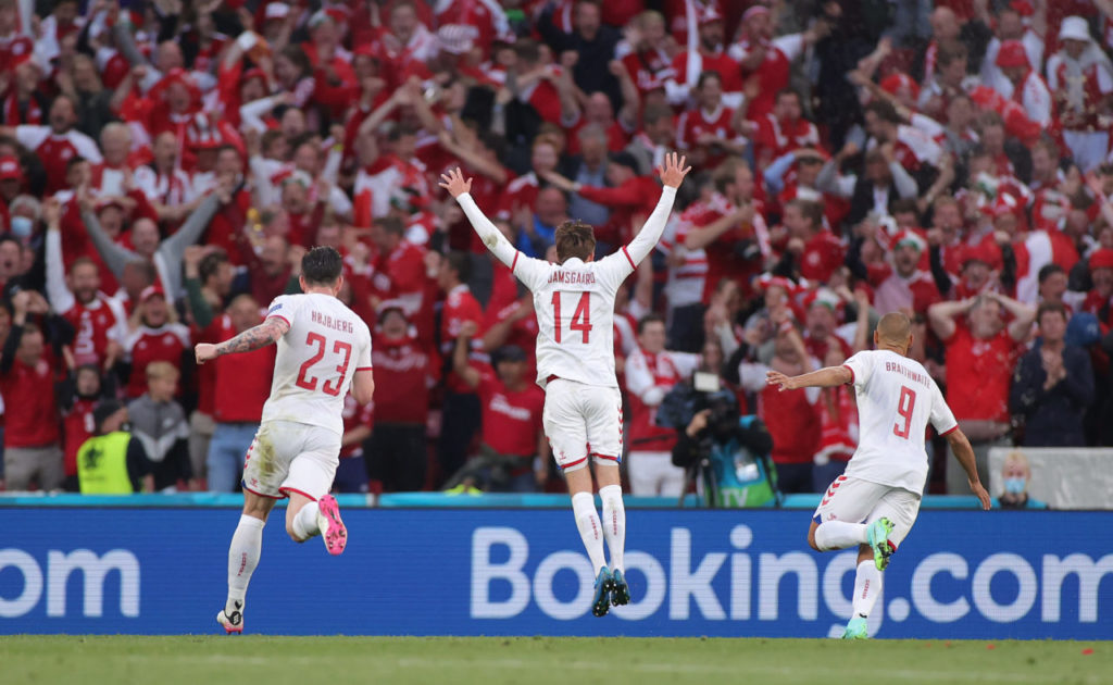 Denmark and Sampdoria's Mikkel Damsgaard celebrates after scoring against Russia at the Euros.