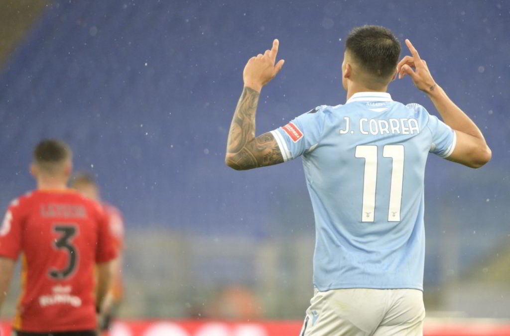 Lazio's Joaquin Correa celebrates after a goal against Benevento