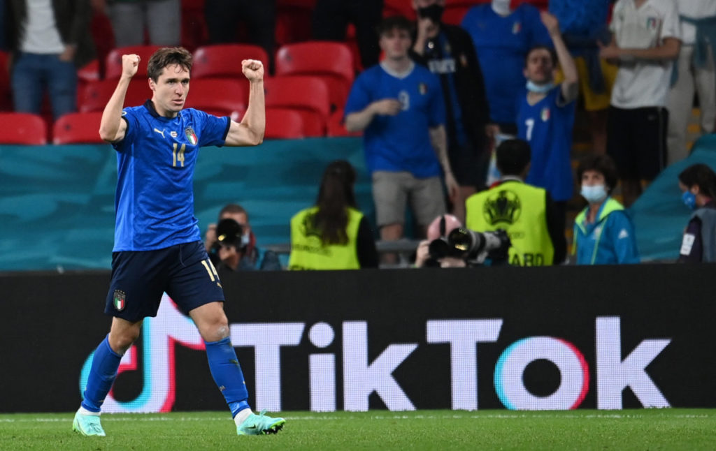 Federico Chiesa of Italy celebrates after scoring the 1-0 goal against Austria