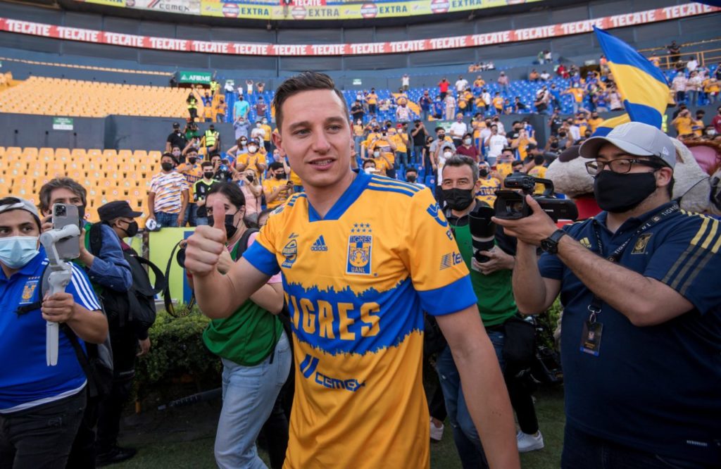 Florian Thauvin greets supporters during his presentation as a new player for Tigres UANL at Estadio Universitario in Monterrey, Mexico