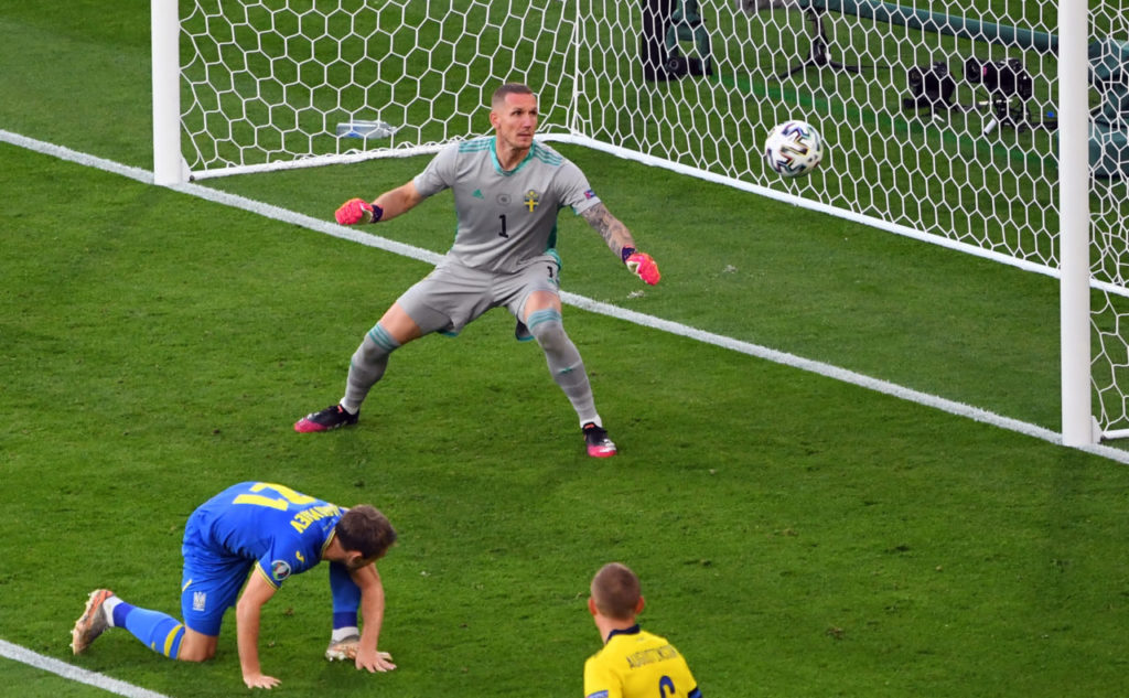 Robin Olsen watches the ball on his way to hit the post during the UEFA EURO 2020 round of 16 soccer match between Sweden and Ukraine in Glasgow.
