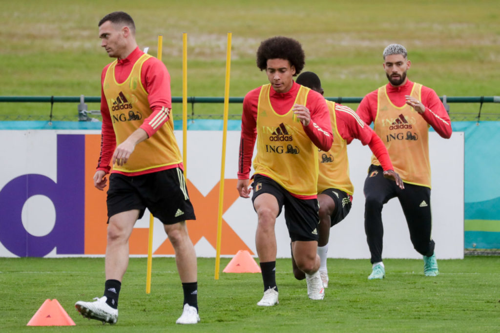Thomas Vermaelen, Axel Witsel and Yannick Carrasco attend a training session of the Belgian national team.