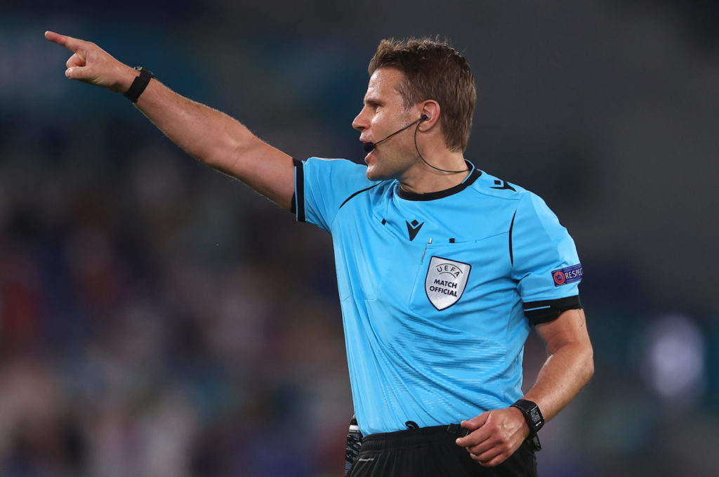 German referee Felix Brych gestures during the UEFA EURO 2020 quarter final match between Ukraine and England in Rome.