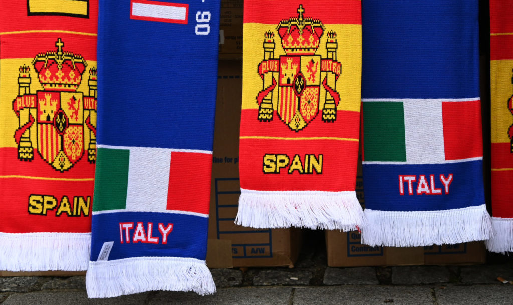 A fan stall selling Italy and Spain scarves outside Wembley Stadium prior to the UEFA EURO 2020 semi final between Italy and Spain in London.