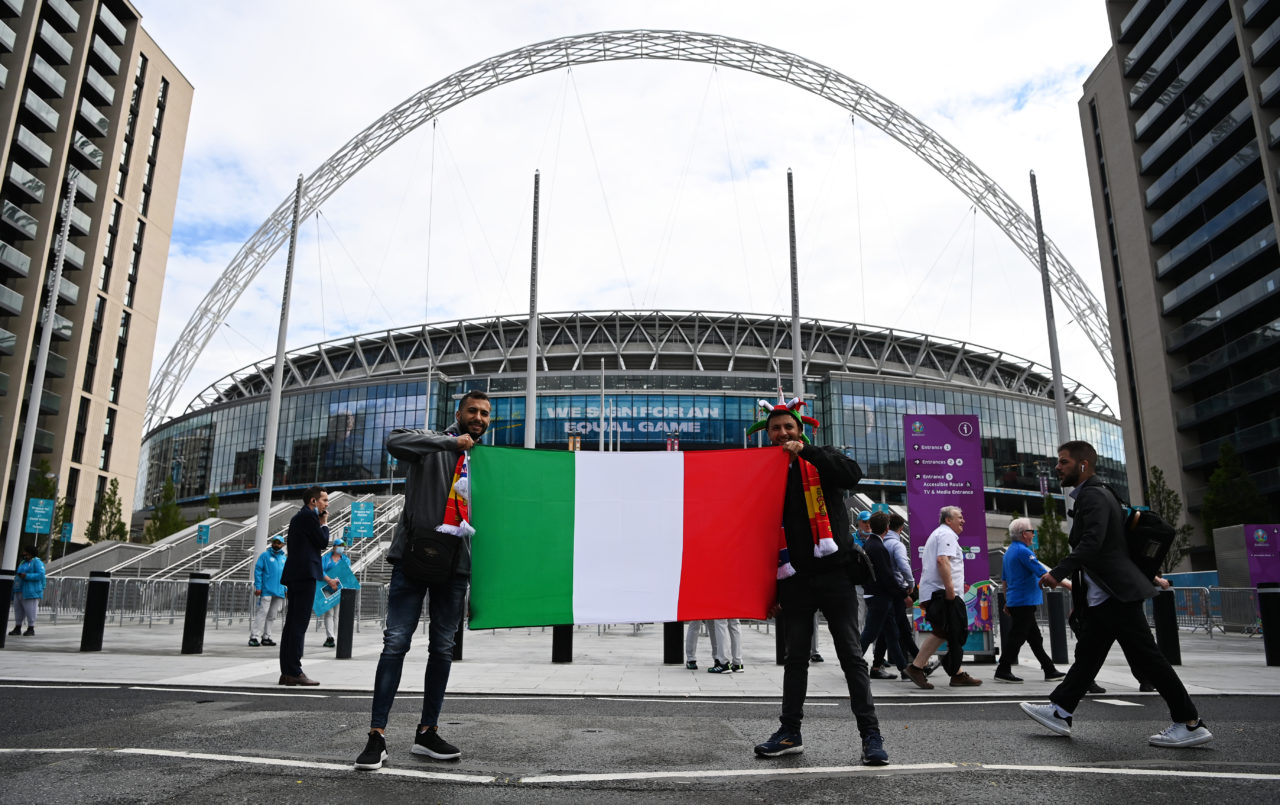 Fans of Italy arrive at Wembley Stadium prior to the UEFA EURO 2020 semi final between Italy and Spain in London.