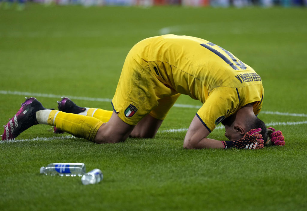Gianluigi Donnarumma of Italy reacts after the UEFA EURO 2020 semi final between Italy and Spain in London.
