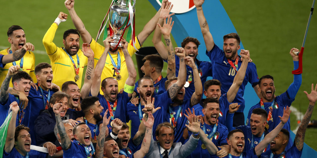 Captain Giorgio Chiellini of Italy lifts the trophy after Italy won the UEFA EURO 2020 final between Italy and England in London, Britain, 11 July 2021.