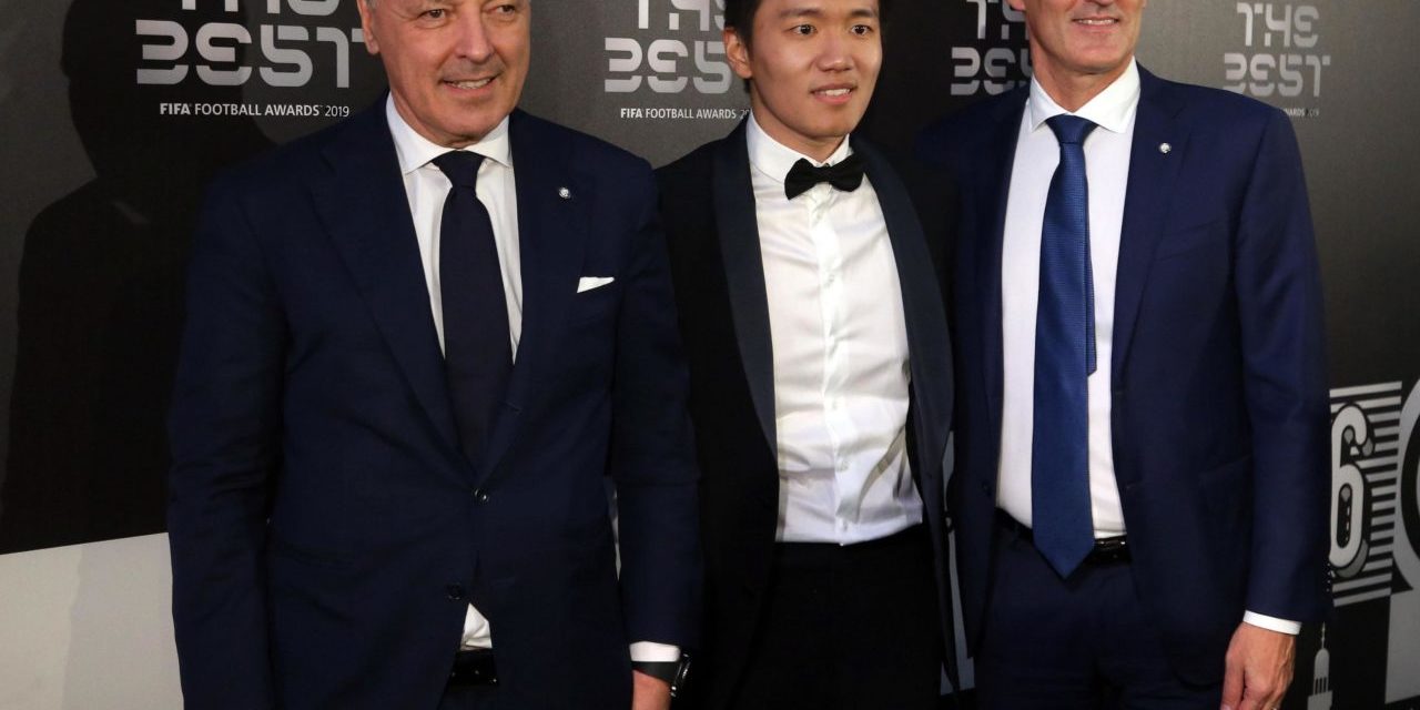 epa07866201 Picture made available 24 September 2019 of (L- R) Chief Executive Officer Sport FC Internazionale Giuseppe Marotta, President FC Internazionale Steven Zhang Kangyang and Chief Executive Officer Corporate FC Internazionale Alessandro Antonello arriving for the Best FIFA Football Awards 2019 in Milan, Italy, 23 September 2019. EPA-EFE/MATTEO BAZZI