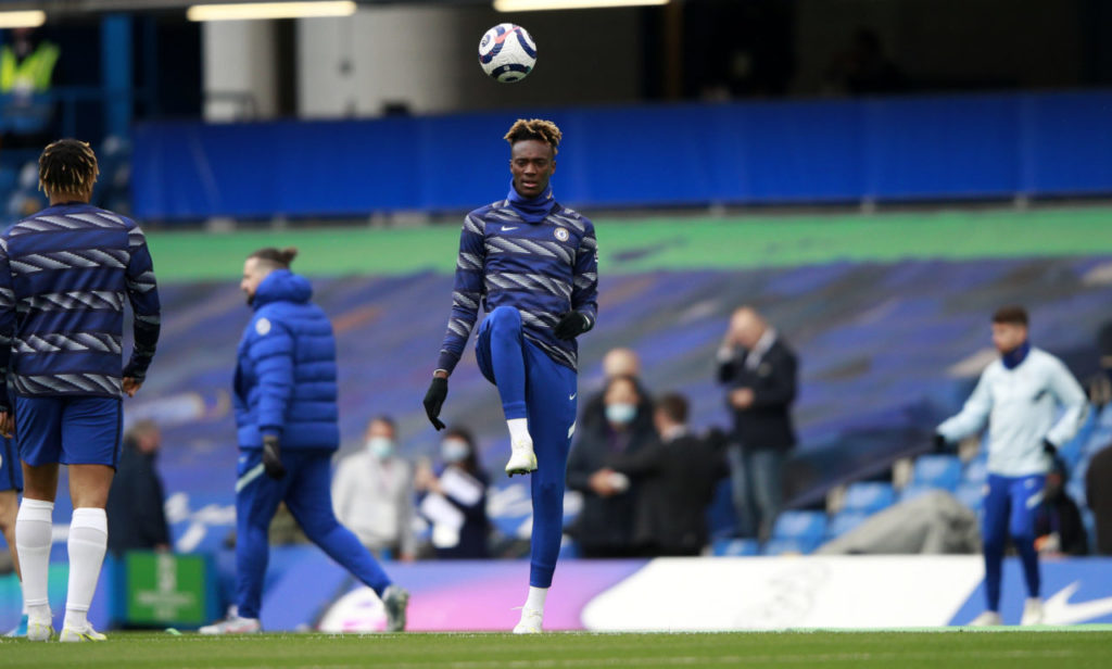 epa09172019 Tammy Abraham of Chelsea during the warm-up before the English Premier League soccer match between Chelsea FC and Fulham FC in London, Britain, 01 May 2021. EPA-EFE/Ian Walton / POOL EDITORIAL USE ONLY. No use with unauthorized audio, video, data, fixture lists, club/league logos or 'live' services. Online in-match use limited to 120 images, no video emulation. No use in betting, games or single club/league/player publications.
