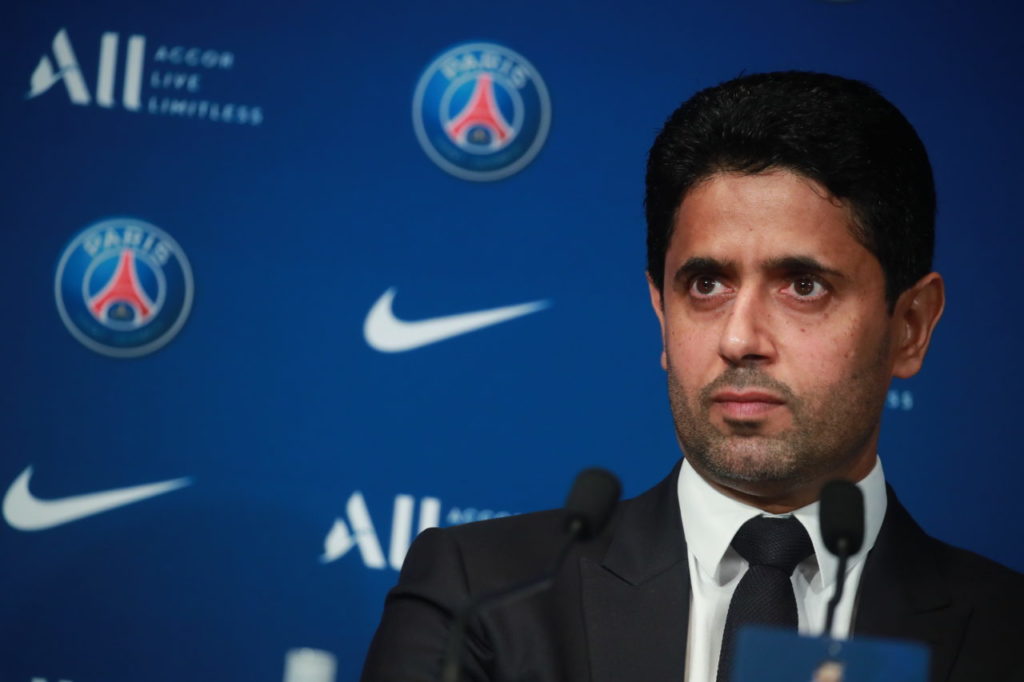 epa09409504 Paris Saint-Germain's president Nasser Al-Khelaifi during Argentinian striker Lionel Messi's (unseen) press conference as part of his official presentation at the Parc des Princes stadium, in Paris, France, 11 August 2021. Messi arrived in Paris on 10 August and signed a contract with French soccer club Paris Saint-Germain. EPA-EFE/CHRISTOPHE PETIT TESSON