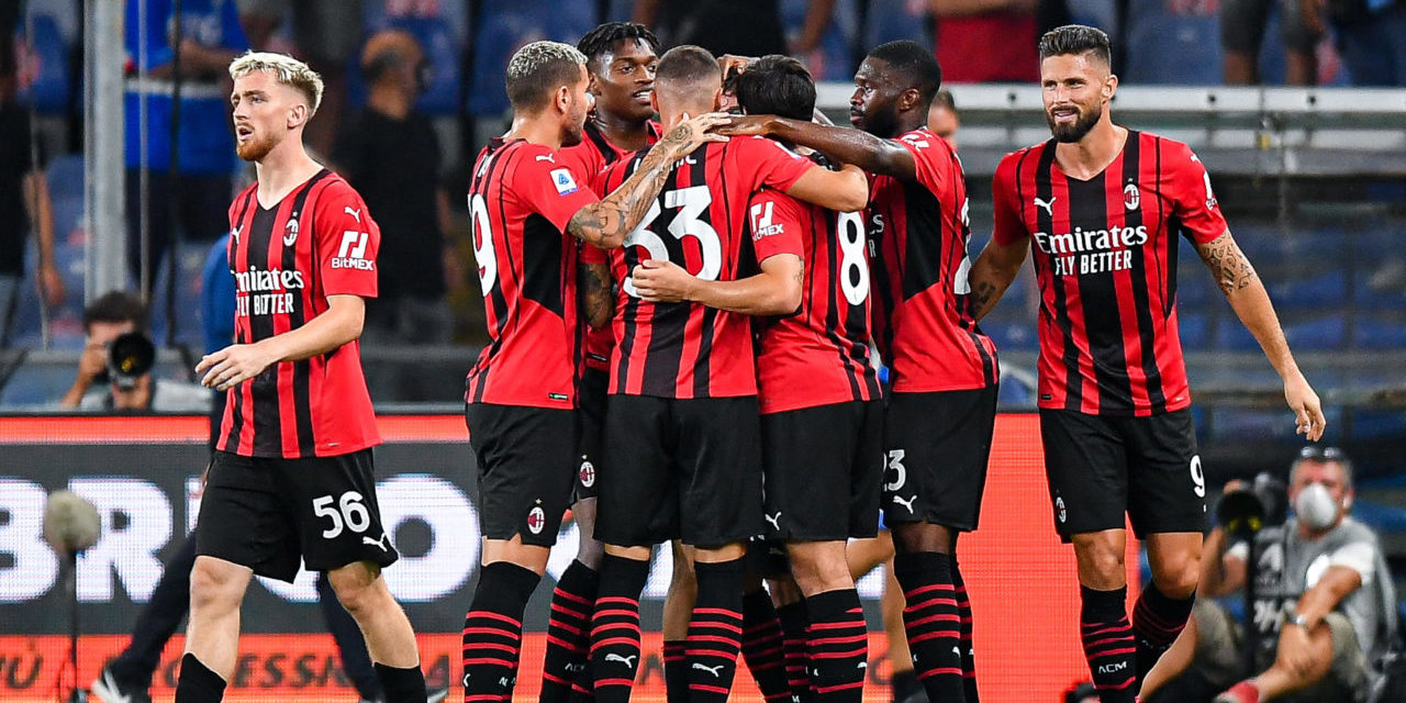 epa09426697 Milan?s Spanish forward Brahim Diaz (center) celebrates with his team-mates after scoring a goal during the Italian Serie A soccer match UC Sampdoria and AC Milan at Luigi Ferraris stadium in Genoa, Italy, 23 August 2021. EPA-EFE/SIMONE ARVEDA