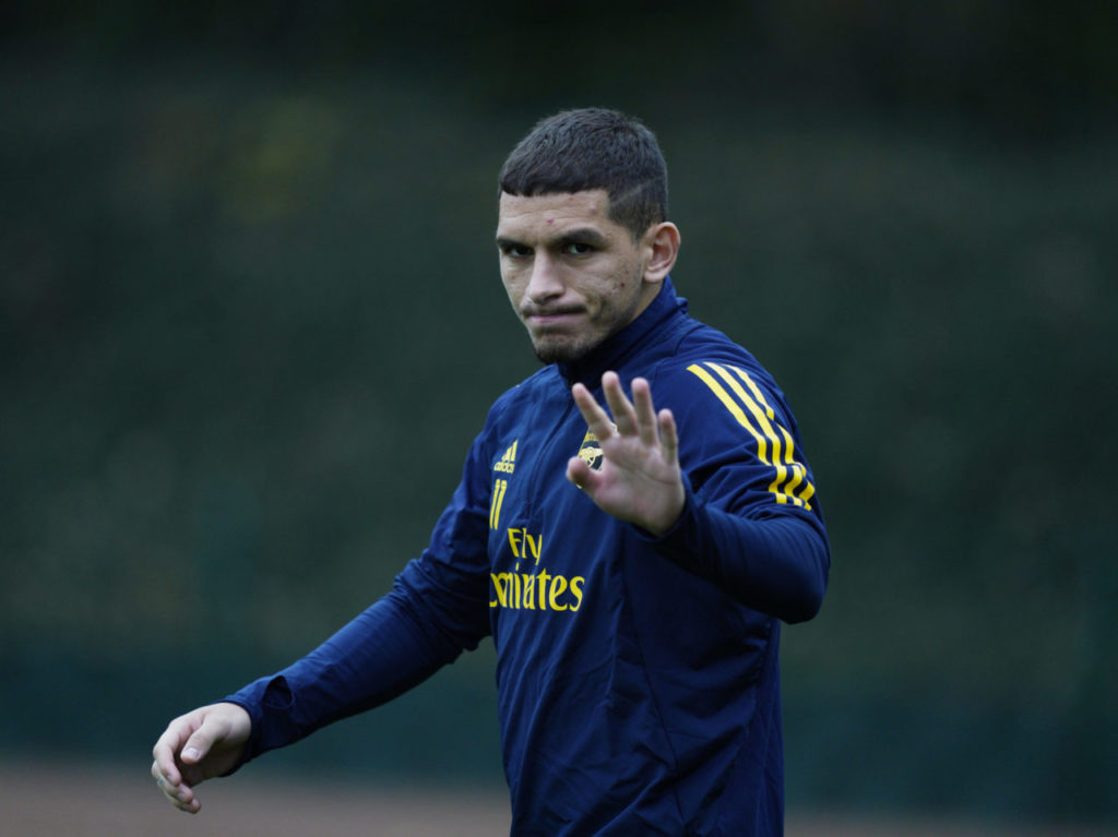 epa07943462 Arsenal's Lucas Torreira during a training session in their training ground in Colney, north London, Britain, 23 October 2019. Arsenal will play Vitoiria Guimaraes in the UEFA Europa League in London on 24 October. EPA-EFE/WILL OLIVER