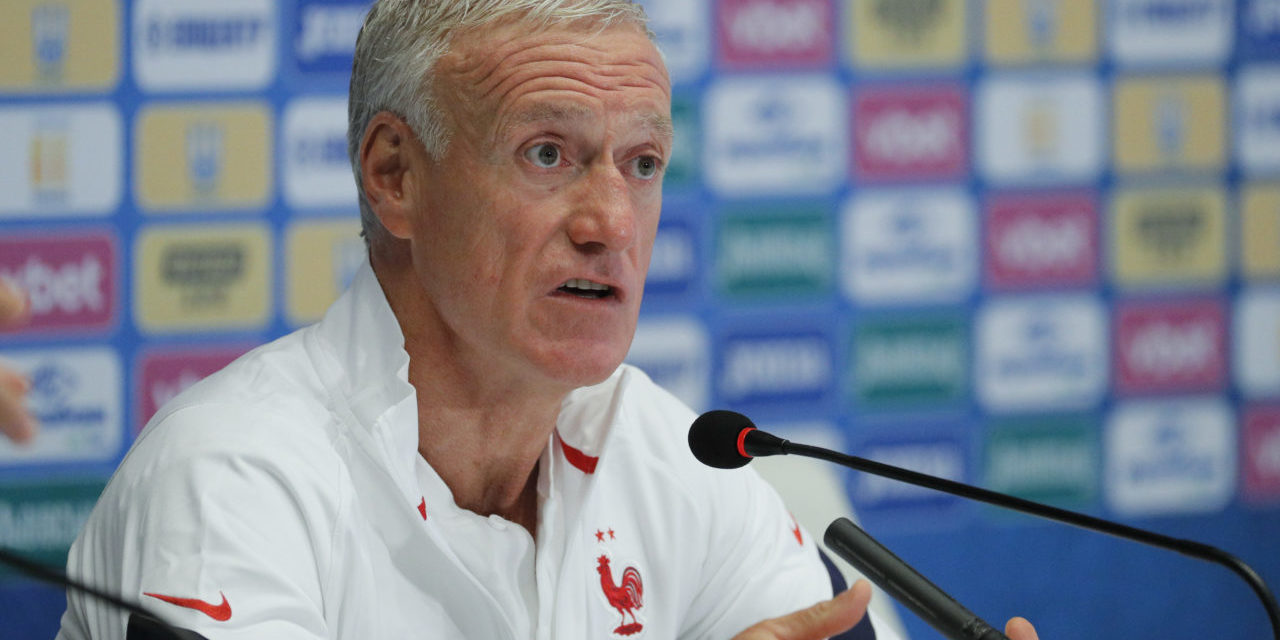 epa09445749 France national soccer team head coach Didier Deschamps attends a press conference in Kiev, Ukraine, 03 September 2021. Ukraine will face France in their 2022 FIFA World Cup qualification UEFA Group D soccer match in Kiev, Ukraine, 04 September 2021. EPA-EFE/SERGEY DOLZHENKO