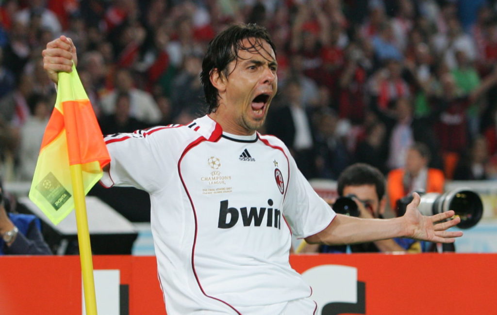 epa01017666 AC Milan's Filippo Inzaghi celebrates after scoring the 2-0 lead during the UEFA Champions League final at the Olympic stadium in Athens, Greece, 23 May 2007. EPA/ATHINAGORAS MYKONIATIS