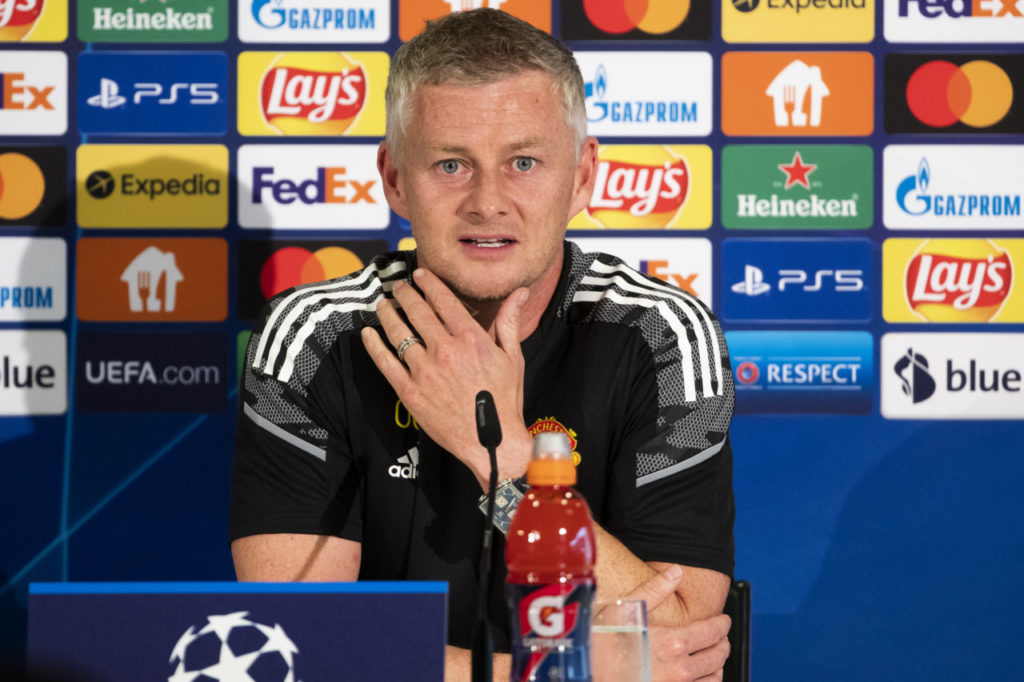 epa09465851 Manchester United's head coach Ole Gunnar Solskjaer attends a press conference at the Wankdorf stadium in Bern, Switzerland, 13 September 2021. BSC Young Boys will face, on 14 September 2021, Manchester United in the group stage of the UEFA Champions League. EPA-EFE/PETER KLAUNZER