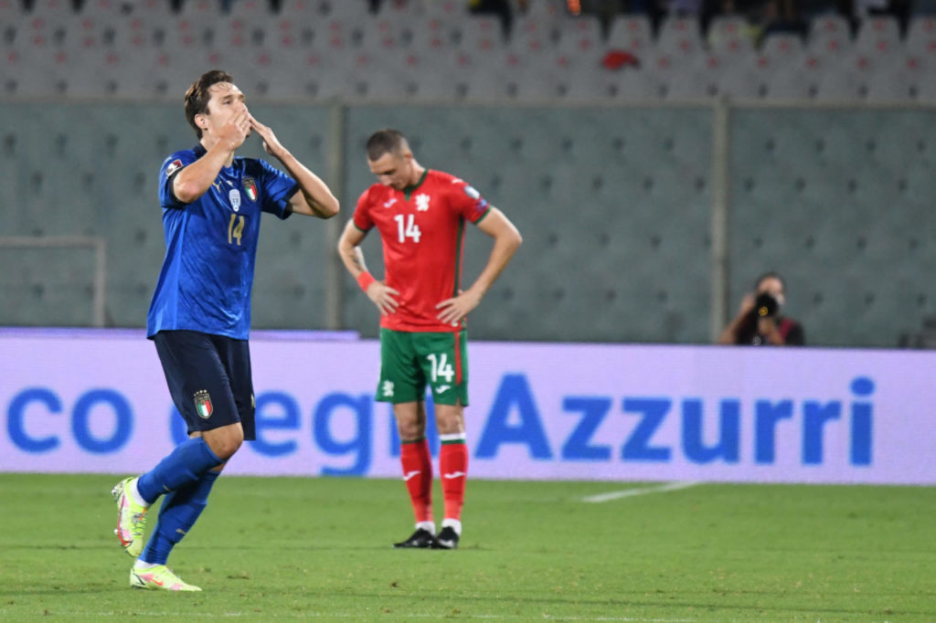 epa09443902 Italy's forward Federico Chiesa celebrates after scoring during the FIFA World Cup 2022 qualifying soccer match between Italy and Bulgaria at the Artemio Franchi stadium in Florence, Italy, 02 September 2021. EPA-EFE/CLAUDIO GIOVANNINI