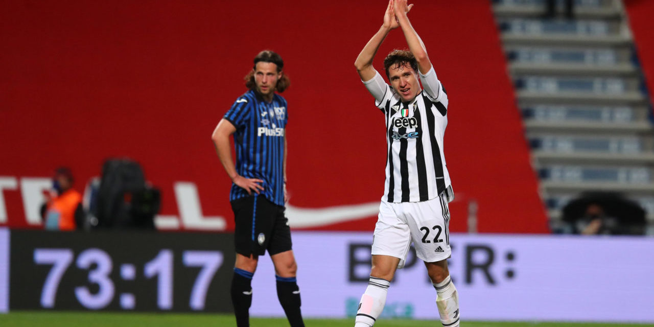epa09213801 Juventus' Federico Chiesa (R) celebrates after scoring during the Italian Cup final soccer match between Atalanta BC and Juventus FC at Mapei Stadium in Reggio Emilia, Italy, 19 May 2021. EPA-EFE/PAOLO MAGNI