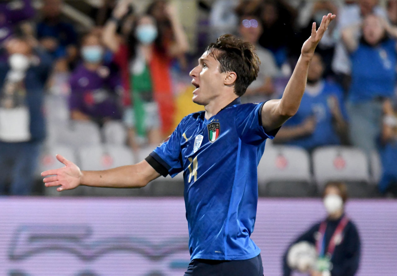 epa09444052 Italy's forward Federico Chiesa reacts during the FIFA World Cup 2022 qualifying soccer match between Italy and Bulgaria at the Artemio Franchi stadium in Florence, Italy, 02 September 2021. EPA-EFE/CLAUDIO GIOVANNINI