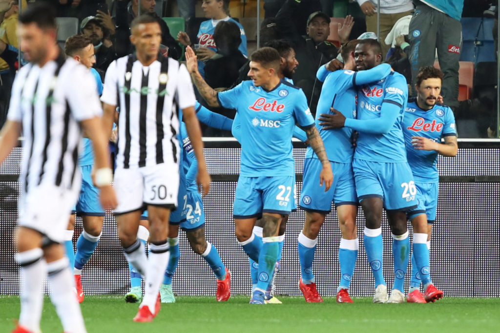 epa09478443 Napoli?s Kalidou Koulibaly (2-R) celebrates with teammates after scoring the 0-3 goal in the Italian Serie A soccer match between Udinese Calcio and SSC Napoli at the Friuli-Dacia Arena stadium in Udine, Italy, 20 September 2021. EPA-EFE/GABRIELE MENIS