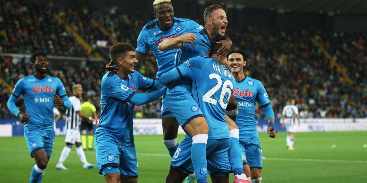 epa09478398 Napoli?s Amir Rrahmani (C) celebrates with teammates after scoring the 0-2 goal during the Italian Serie A soccer match between Udinese Calcio and SSC Napoli at the Friuli-Dacia Arena stadium in Udine, Italy, 20 September 2021. EPA-EFE/GABRIELE MENIS