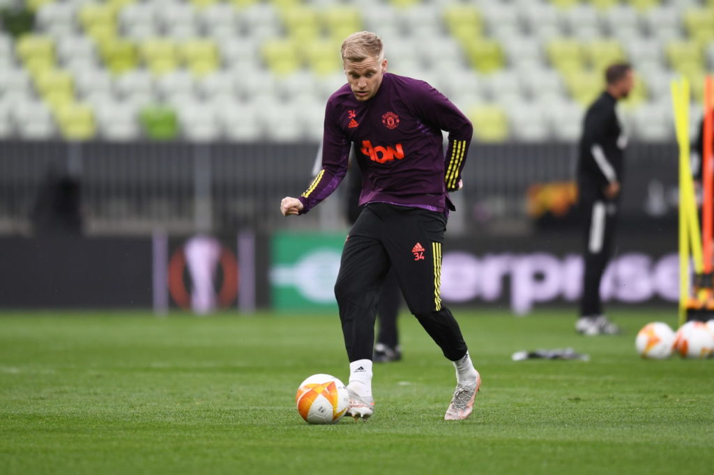 epa09227416 Donny van de Beek of Manchester United during their team's training session in Gdansk, Poland, 25 May 2021. Manchester United will face Villarreal CF in the UEFA Europa League final soccer match on 26 May 2021 in Gdansk. EPA-EFE/MARCIN GADOMSKI POLAND OUT