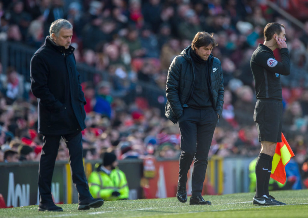 epa06564386 Chelsea manager Antonio Conte (R) and Manchester United manager Jose Mourinho (L) react during the English Premier League soccer match between Manchester United and Chelsea FC held at Old Trafford, Manchester, Britain, 25 February 2018. EPA-EFE/PETER POWELL EDITORIAL USE ONLY. No use with unauthorized audio, video, data, fixture lists, club/league logos or 'live' services. Online in-match use limited to 75 images, no video emulation. No use in betting, games or single club/league/player publications.