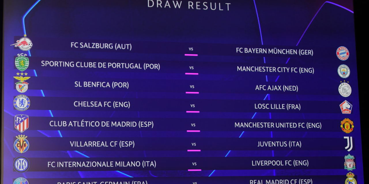 epa09640203 A handout photo made available by UEFA shows the Round of 16 fixtures for the UEFA Champions League after a redraw at the UEFA headquarters in Nyon, Switzerland, 13 December 2021. The draw ceremony had to be repeated as the result of the frst draw was declared void following a technical problem. EPA-EFE/Richard Juilliart / UEFA HANDOUT HANDOUT EDITORIAL USE ONLY/NO SALES