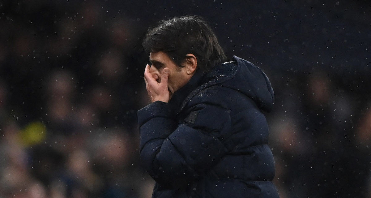 epa09742086 Tottenham Hotspur's manager Antonio Conte reacts after losing the English Premier League soccer match between Tottenham Hotspur and Southampton FC at the Tottenham Hotspur Stadium in London, Britain, 09 February 2022. EPA-EFE/NEIL HALL No use with unauthorized audio, video, data, fixture lists, club/league logos or 'live' services. Online in-match use limited to 120 images, no video emulation. No use in betting, games or single club/league/player publications.