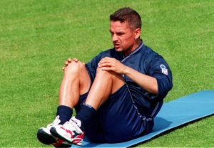 Roberto Baggio performs his stretching exercises, 23 May, during the first day of the Italian team's preparations for the upcoming World Championships in France. EPA PHOTO/ANSA/MONTEFORTE