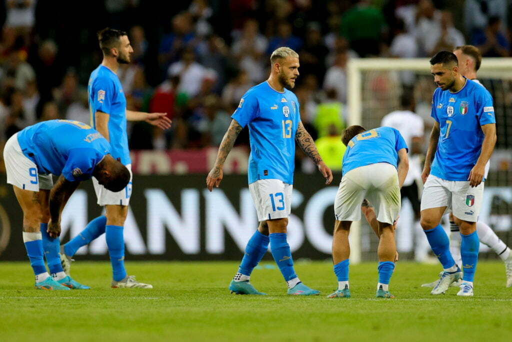 epa10013484 Players of Italy react after losing the UEFA Nations League soccer match between Germany and Italy in Moenchengladbach, Germany, 14 June 2022. EPA-EFE/Friedemann Vogel