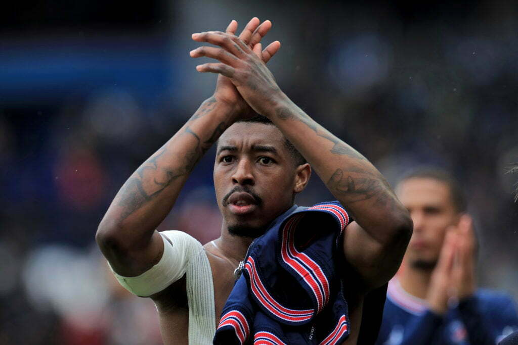 epa09821254 Paris Saint Germain's Presnel Kimpembe reacts after the French Ligue 1 soccer match between PSG and Girondins of Bordeaux at the Parc des Princes in Paris, France, 13 March 2022. EPA-EFE/CHRISTOPHE PETIT TESSON