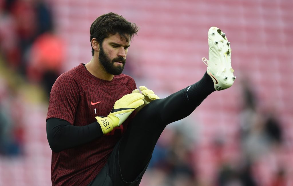 epa10150324 Liverpool goalkeeper Alisson warms-up for the English Premier League soccer match between Liverpool FC and Newcastle United in Liverpool, Britain, 31 August 2022. EPA-EFE/PETER POWELL EDITORIAL USE ONLY. No use with unauthorized audio, video, data, fixture lists, club/league logos or 'live' services. Online in-match use limited to 120 images, no video emulation. No use in betting, games or single club/league/player publications