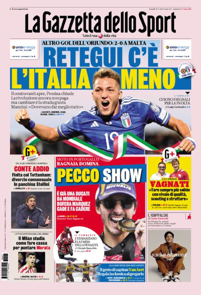 Today s Papers Only Retegui for Italy Conte goodbye Football