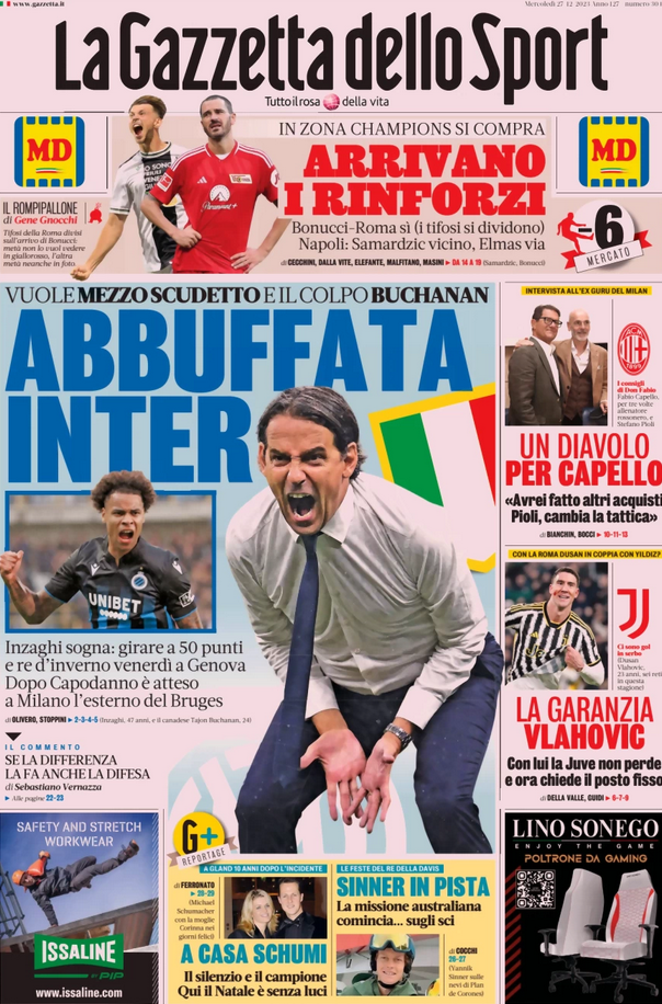 Revue de presse Italienne du 8 décembre 2023 : TuttoSport , Corriere