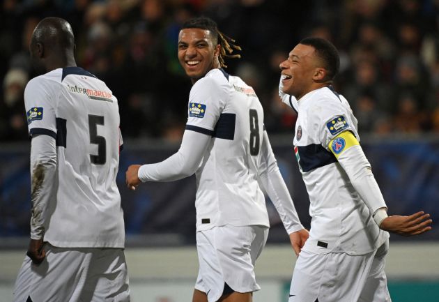 TOPSHOT - Paris Saint-Germain's French forward #07 Kylian Mbappe (R) celebrates with teammate Paris Saint-Germain's Italian midfielder #8 Cher Ndour after scoring a goal during the French Cup football match between US Revel and Paris Saint-Germain at the Pierre-Fabre stadium in Castres, southern France, on January 7, 2024. (Photo by Valentine CHAPUIS / AFP) (Photo by VALENTINE CHAPUIS/AFP via Getty Images)