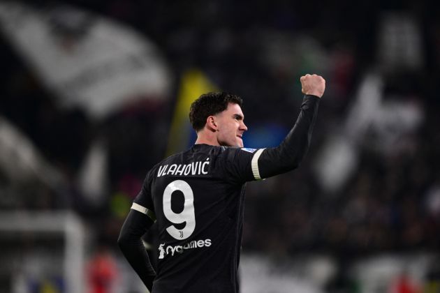 Juventus forward #09 Dusan Vlahovic celebrates after scoring the team's first goal during the Italian Serie A football match between Juventus and Empoli, at The Allianz Stadium, in Turin on January 27, 2024. (Photo by Marco BERTORELLO / AFP) (Photo by MARCO BERTORELLO/AFP via Getty Images)