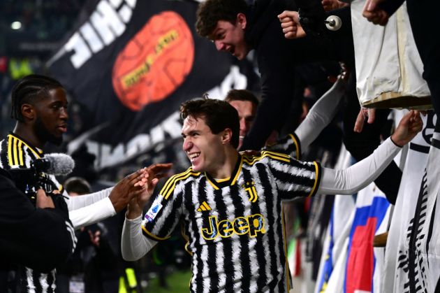 Juventus' Italian forward Federico Chiesa celebrates after scoring a goal during the Italian Serie A football match Juventus vs Sassuolo on January 16, 2024 at the Allianz Stadium in Turin. (Photo by MARCO BERTORELLO / AFP) (Photo by MARCO BERTORELLO/AFP via Getty Images)