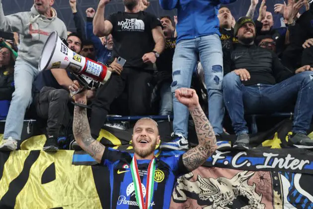 Inter Milan's Italian defender #32 Federico Dimarco celebrates with fans after winning the Italian Super Cup final football match between Napoli and Inter Milan at Al-Awwal Park Stadium in Riyadh, on January 22, 2024. (Photo by AFP) (Photo by -/AFP via Getty Images)