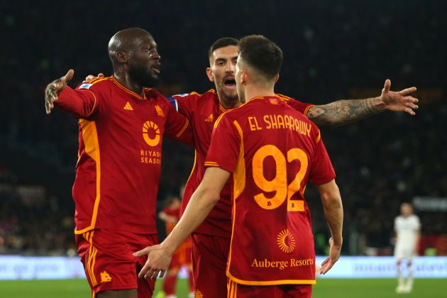 ROME, ITALY - JANUARY 20: Romelu Lukaku of AS Roma (L) celebrates with teammates Lorenzo Pellegrini (C) and Stephan El Shaarawy after scoring his team's first goal during the Serie A TIM match between AS Roma and Hellas Verona FC at Stadio Olimpico on January 20, 2024 in Rome, Italy. (Photo by Paolo Bruno/Getty Images)