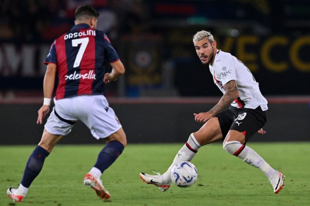 BOLOGNA, ITALY - AUGUST 21: Theo Hernández of AC Milan during the Serie A TIM match between Bologna FC and AC Milan at Stadio Renato Dall'Ara on August 21, 2023 in Bologna, Italy. (Photo by Alessandro Sabattini/Getty Images)