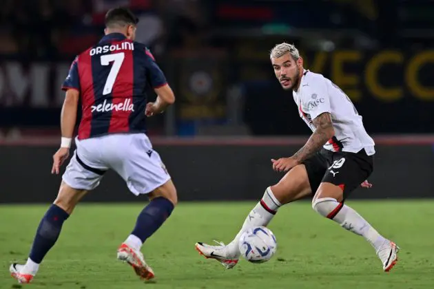 BOLOGNA, ITALY - AUGUST 21: Theo Hernández of AC Milan during the Serie A TIM match between Bologna FC and AC Milan at Stadio Renato Dall'Ara on August 21, 2023 in Bologna, Italy. (Photo by Alessandro Sabattini/Getty Images)