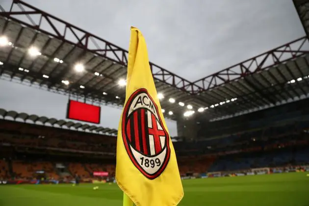 MILAN, ITALY - MAY 20: A detailed view of the AC Milan corner flag on the inside of the stadium prior to the Serie A match between AC MIlan and UC Sampdoria at Stadio Giuseppe Meazza on May 20, 2023 in Milan, Italy. (Photo by Marco Luzzani/Getty Images)