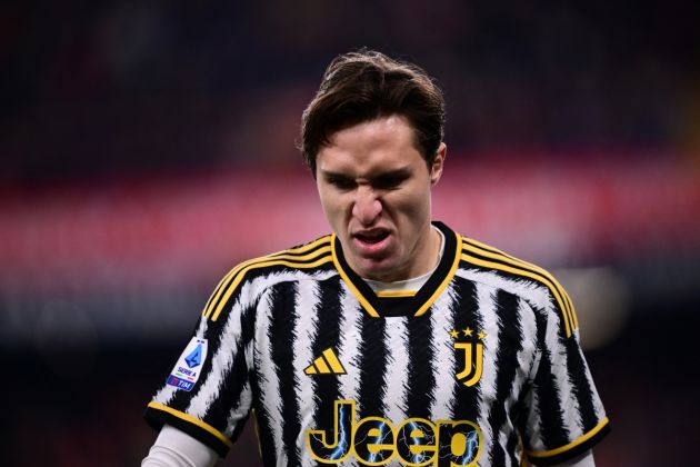 Juventus forward Federico Chiesa reacts during the Italian Serie A football match between Genoa and Juventus at the Luigi Ferraris stadium, on December 15, 2023. (Photo by Marco BERTORELLO / AFP) (Photo by MARCO BERTORELLO/AFP via Getty Images)