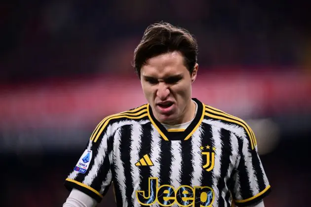 Juventus forward Federico Chiesa reacts during the Italian Serie A football match between Genoa and Juventus at the Luigi Ferraris stadium, on December 15, 2023. (Photo by Marco BERTORELLO / AFP) (Photo by MARCO BERTORELLO/AFP via Getty Images)